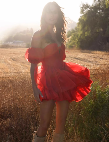 Charming Red A Line Puff Layered Chiffon Short Homecoming Dress Vacation Dress HZ1023